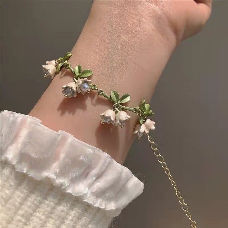 Weißes Maiglöckchen-Armband, Halskette, Ohrring-Set, Super-Feenwald-Stil, Zweig, neue Ohrringe, Mädchen, Kragen_voghion.com