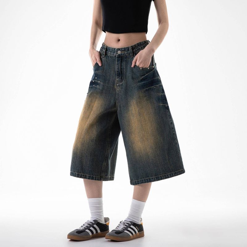 Pantaloncini in denim con rivetti lavati in stile americano per uomo e donna, pantaloni capri larghi casual alla moda estivi_voghion.com