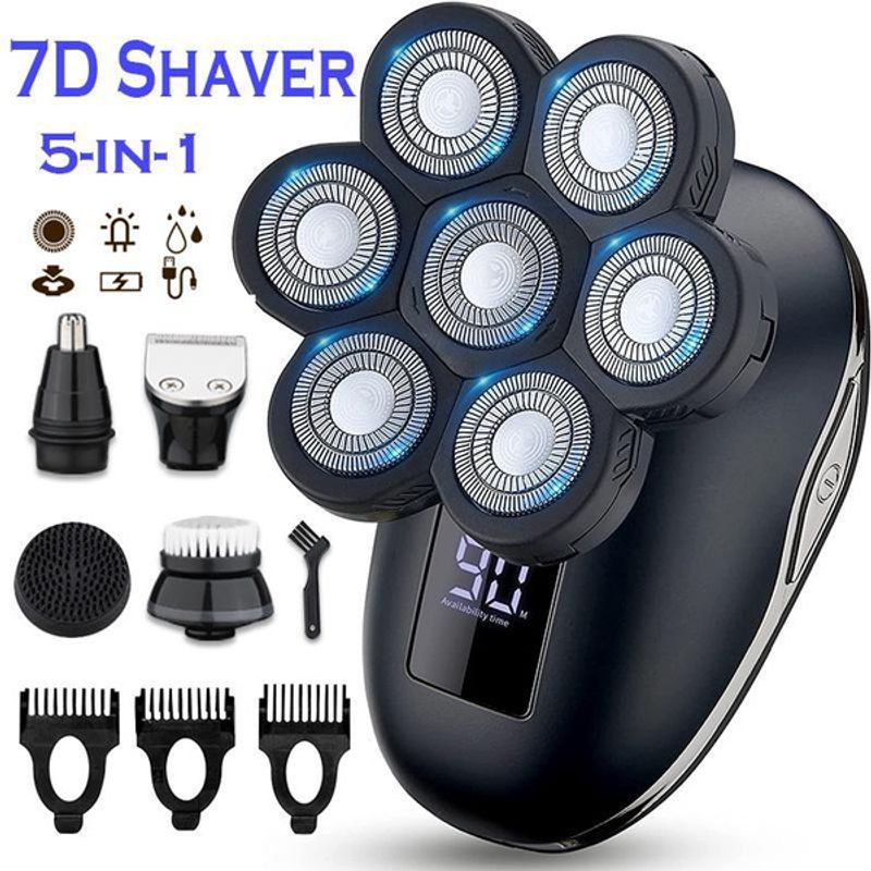 5-in-1 Men's Professional 7D Bald Shavers Electric Floating Head Shaver Beard Trimmer LED Display IPX5 Waterproof Travel_voghion.com