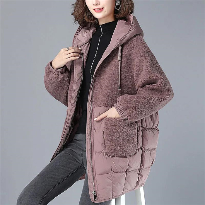 Frauen Gepolsterte Jacken Herbst Winter Mit Kapuze Oberbekleidung 2022 Lose S-4XL Unten Baumwolle Jacke Mid-Länge Lamm Wolle Dicken Mantel_voghion.com