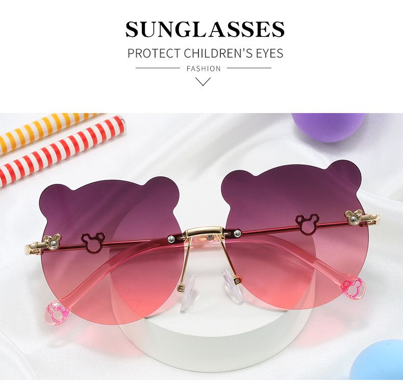 Neue modische UV-beständige Brille für Jungen und Mädchen, süße rahmenlose Kindersonnenbrille mit Teddybär-Cartoon_voghion.com