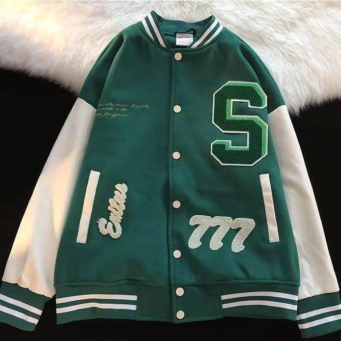 Jachetă bomber verde de primăvară și toamnă, model retro, jachetă bărbătească, elegantă, brodată, uniformă de baseball pentru cupluri_voghion.com
