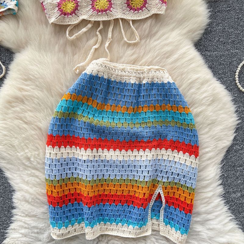 Ensemble de plage pour femme, tenue d'été, pur désir, caraco dos nu + jupe en maille ajourée colorée_voghion.com