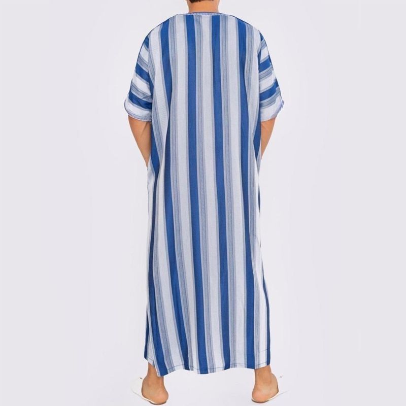 Vestido de roupão listrado de manga curta masculino Oriente Médio Thobe Arábia Saudita Kaftan Roupa tradicional muçulmana_voghion.com