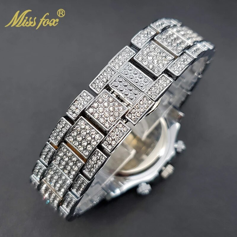Missfox - Gouden herenhorloge, regenboogdiamanten wijzerplaat, chronograaf met drievoudige wijzerplaat, waterdicht, sportief, elegant_voghion.com