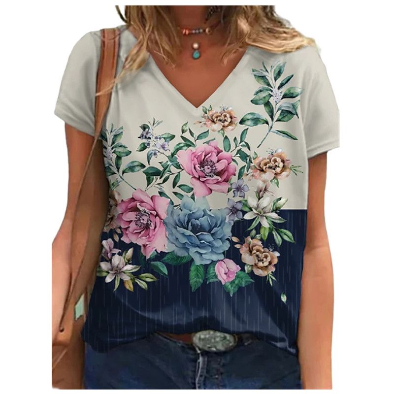 2022 Zomer 3D Digitaal Geprint Korte Mouw V-hals Los Type Dames T-shirt_voghion.com