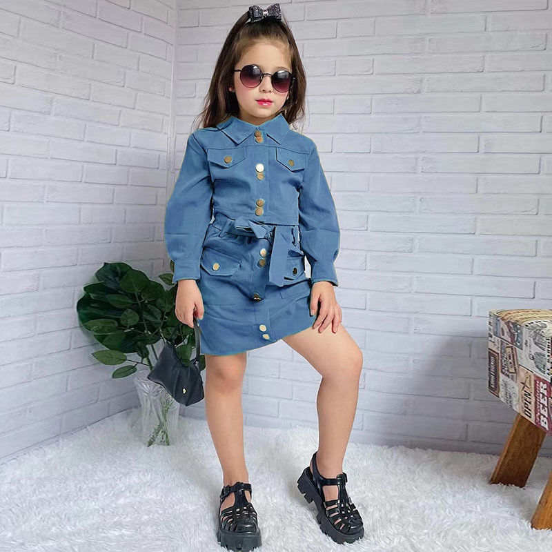 Abbigliamento per bambini Abito alla moda per bambina, gonna corta, gonna corta, manica lunga, abito da 2 pezzi_voghion.com