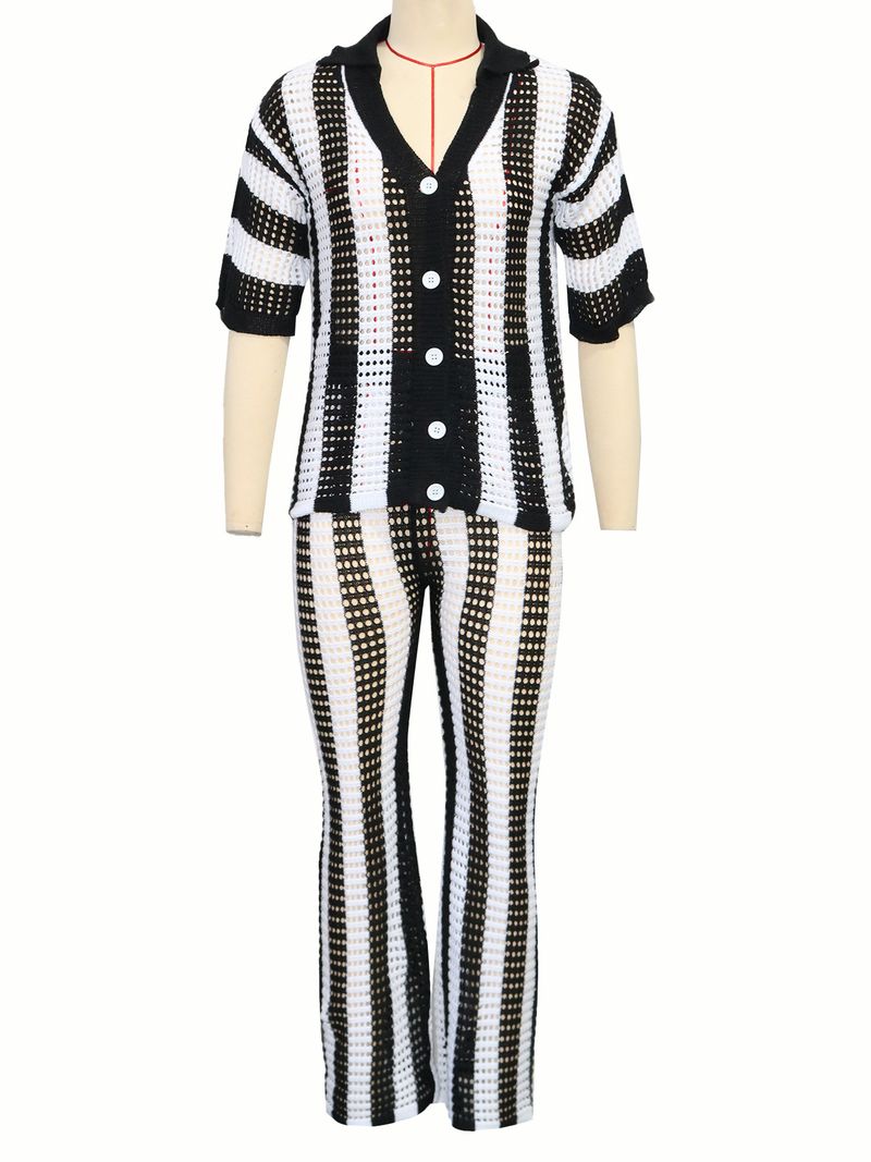 Women's Clothing V neck hollow striped lapel knitted wide pants suit_voghion.com