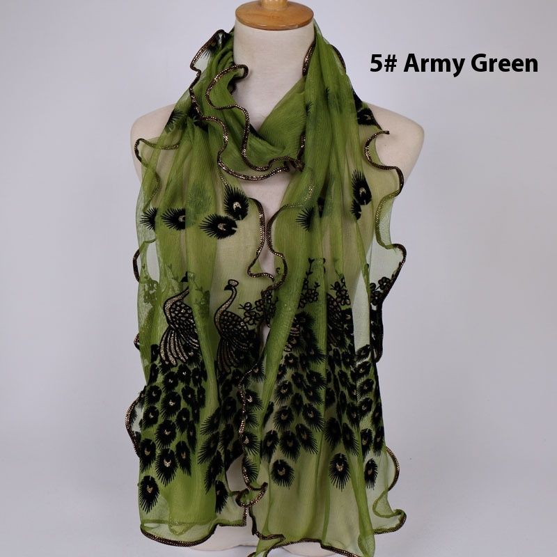 Peacock Plush Breathable Long Scarf With Gold Foil And Lace Edging For Women_voghion.com