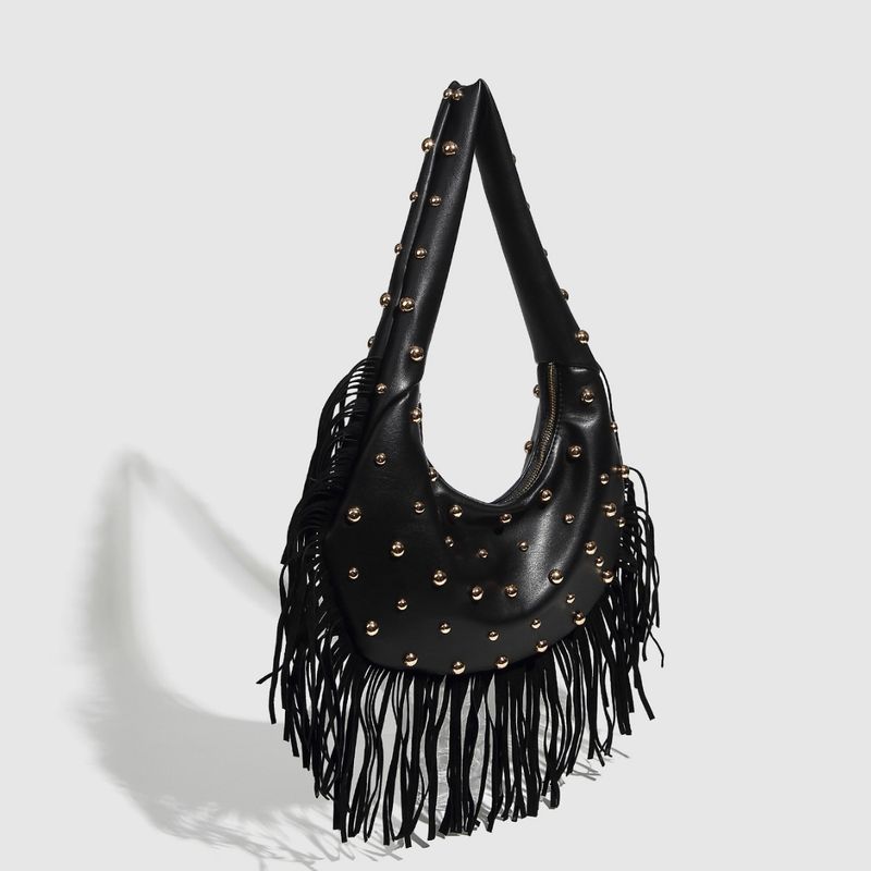 Borsa a tracolla da donna con tracolla a catena, stile punk, con nappe e borchie, stile retrò_voghion.com