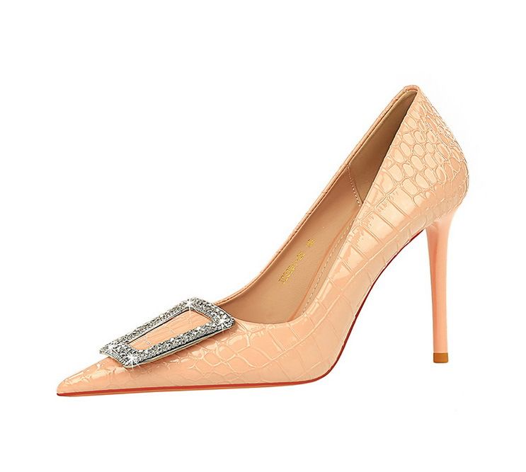 3391-K28 Korean Women's Slim Ultra High Heels Shallow Mouth Sharp Toe Lacquer Skin Snake Pattern Water Diamond Buckle_voghion.com