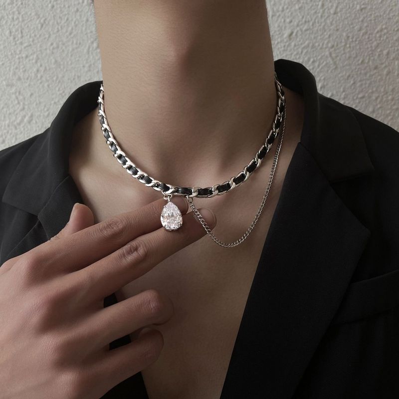 Retro hiphopo mados tendencijų karoliai vyrams ir moterims, šalto stiliaus brangakmenio odos virvės kubietiškos raktikaulio grandinėlės_voghion.com