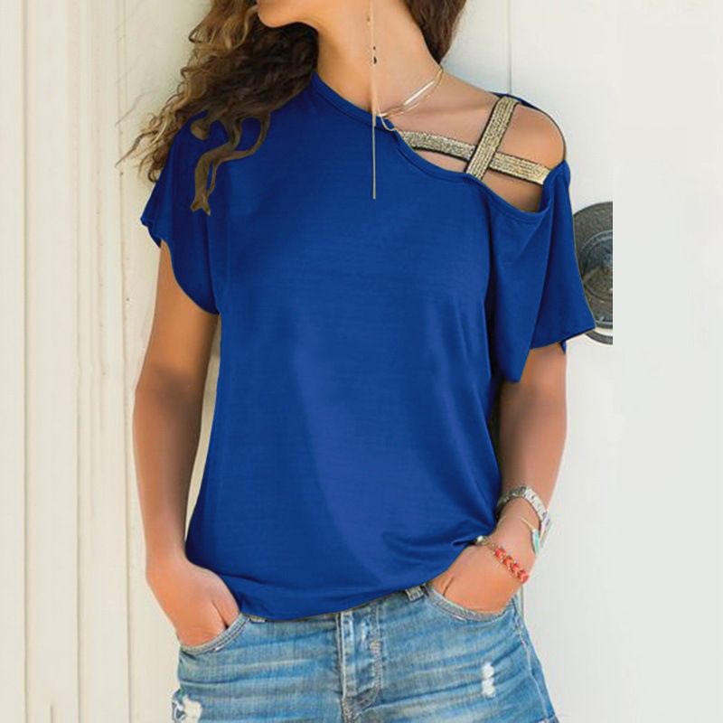 hot selling Summer casual diagonal shoulder cross irregular short sleeved printed women's T-shirt for women_voghion.com