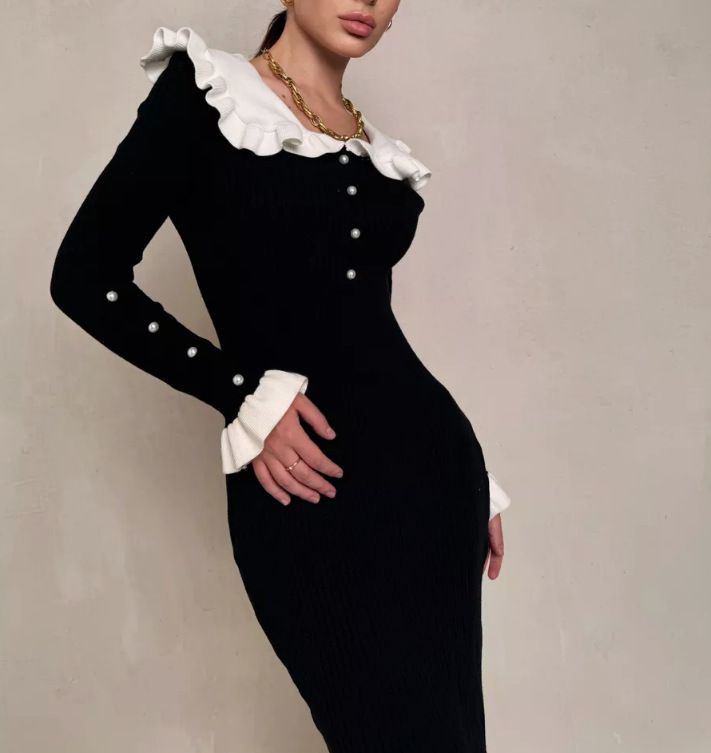 Französisch inspiriertes Strickkleid mit gerüschtem Ausschnitt – Damen-Midikleid aus Viskose mit hoher Taille für Herbst und Winter (S-XL, Langarm-Knopfdetail,_voghion.com