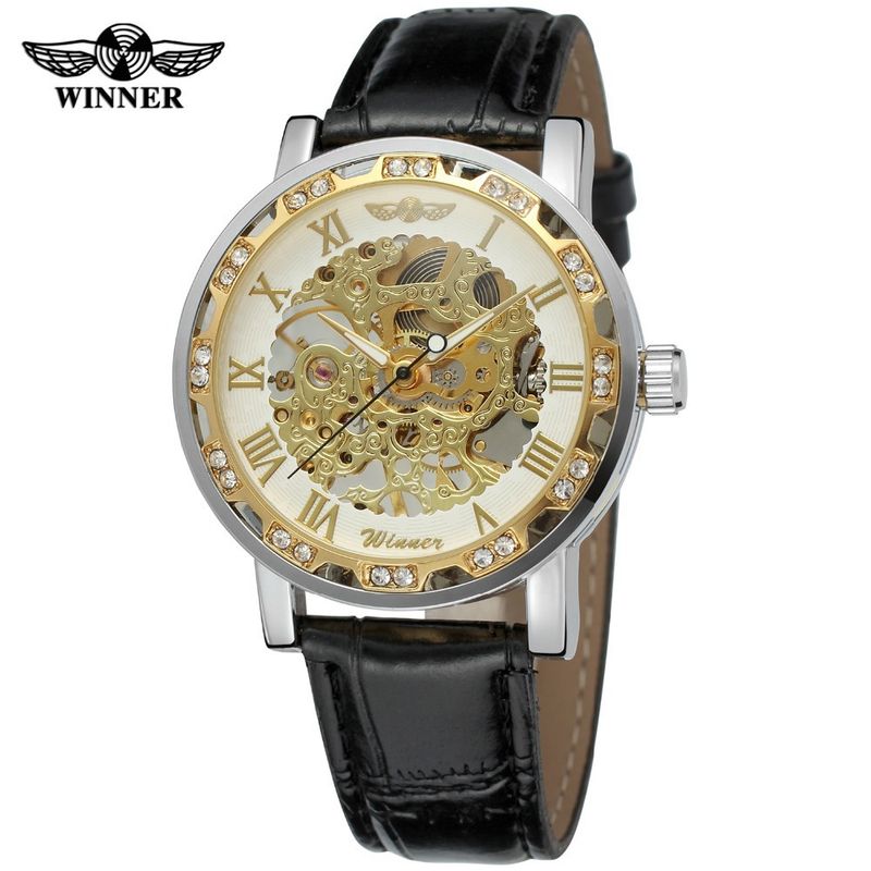 Men's Fashion Skeleton Mechanical Watch With Rhinestones - Hand-Winding Luxury Timepiece, 40mm Leather Strap, Stainless Steel Buckle_voghion.com