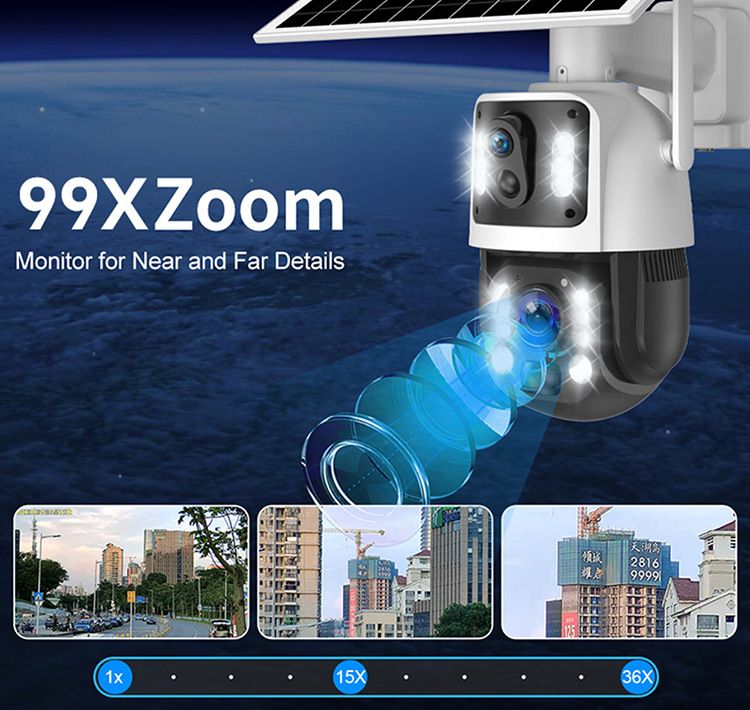 Caméra de sécurité solaire extérieure 6 MP, zoom 99X, Wi-Fi/4G, version UE, vision nocturne, étanchéité IP66, stockage sur carte TF, caméra de surveillance à énergie solaire._voghion.com
