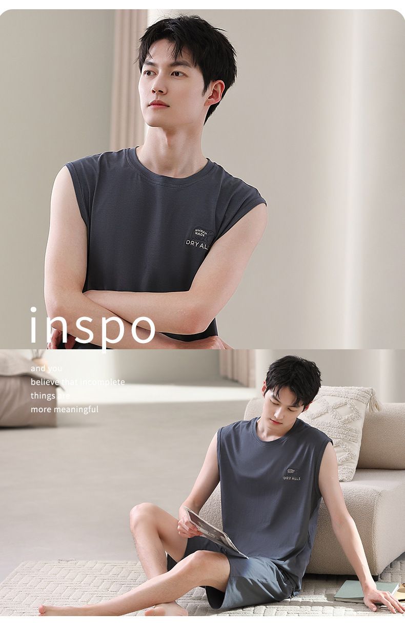 Men's Summer Modal Cotton Vest Set, Sleeveless Home Clothes Can Be Worn Outside, Plus Size Loose Home Two-piece Set-XXL_voghion.com