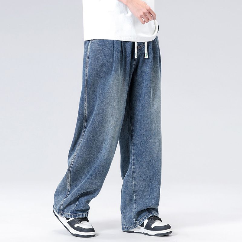 Spring Summer New Straight Wide-Leg Jeans Loose Trendy Drawstring Versatile Simple Casual Long Pants For Men_voghion.com