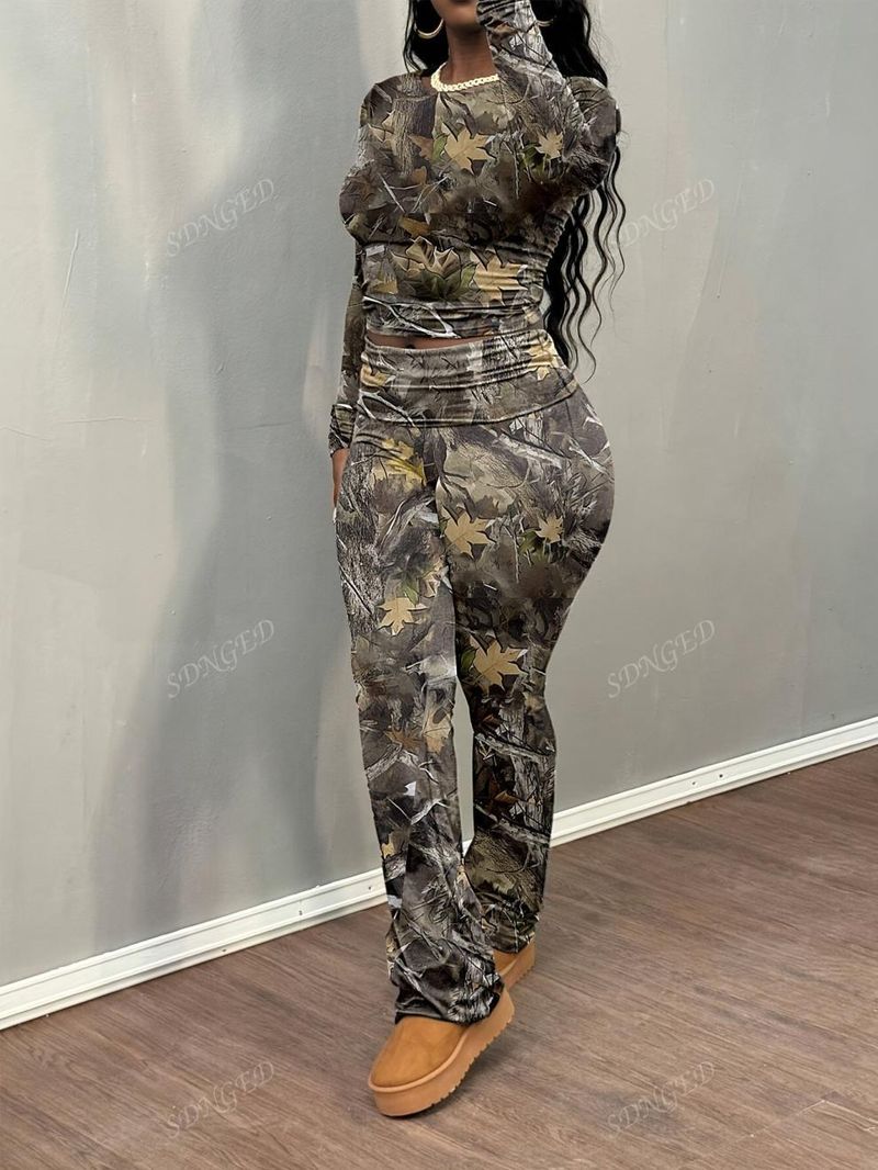 Survêtement Streetwear imprimé arbre – Ensemble t-shirt à manches longues et pantalon taille haute (XS-XL, polyester, soie, effet vieilli)_voghion.com