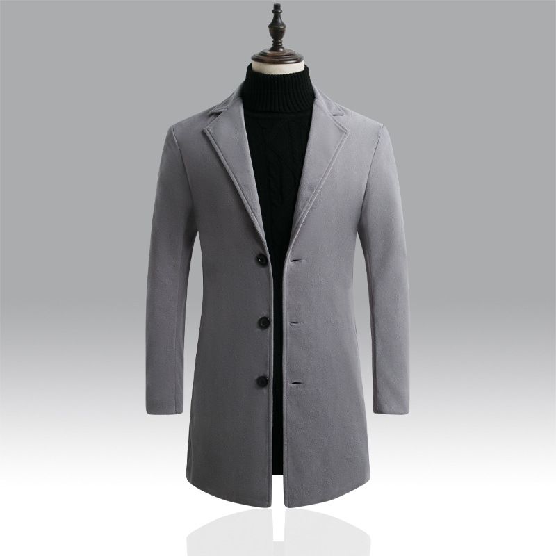 Normale koreanische Version Slim Fit mittellanger Windbreaker einreihiger Wollmantel für Männer_voghion.com