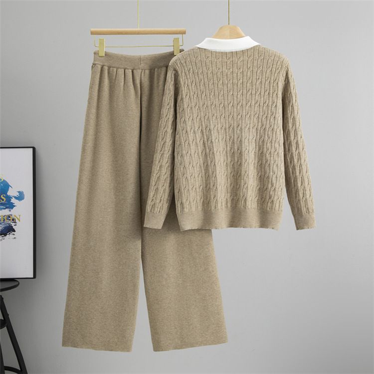 Completo composto da maglione polo in maglia a trecce e pantaloni a gamba larga – Due pezzi invernali più spessi (misto viscosa-poliestere, taglia unica)_voghion.com