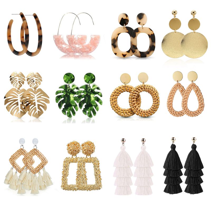 Acetat Quasten Ohrringe Handgefertigtes geometrisches Rattan Kombinationsset_voghion.com