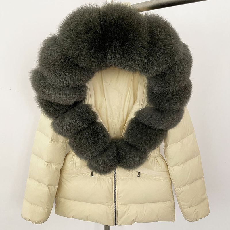 Nuovo stile caldo del commercio estero, giacca corta da donna con collo in vera pelliccia di volpe, giacca in piumino con vita sottile e spessa_voghion.com