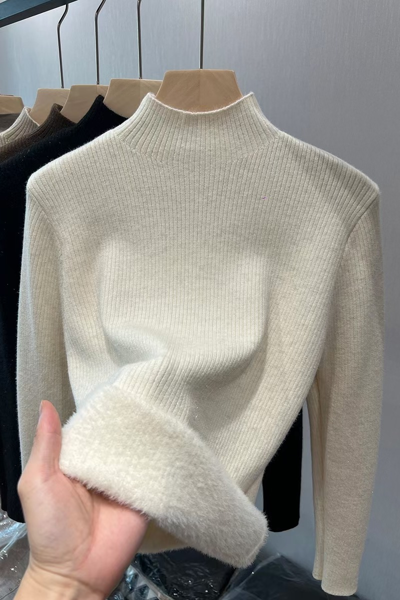 Halvhög krage tjock vinterbas 2023 nya kvinnors mjuka, klibbiga och främmande stil innerfoder plyschtröja P59_voghion.com