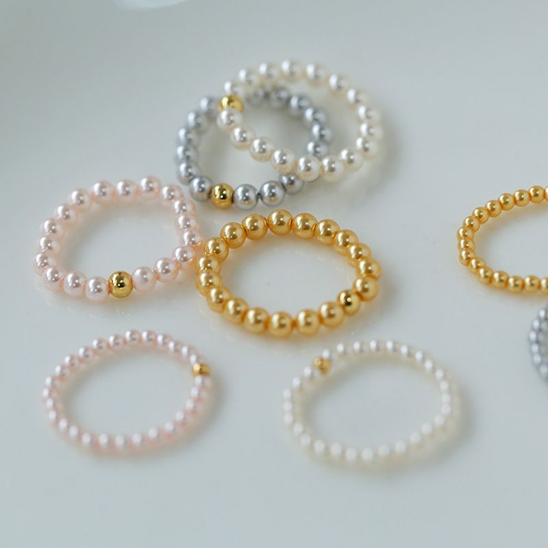 Anello impilabile con perle artificiali in oro bianco e grigio per donna, con piccole perle di riso dorato_voghion.com