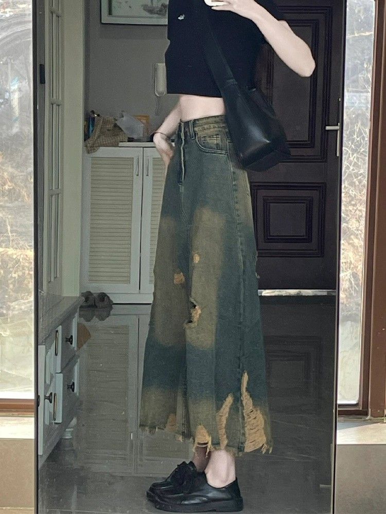 Raw Hem Distressed Denim For Women Spring New American Style High Waist Slimming Versatile Mid-Length A-Line Skirt_voghion.com