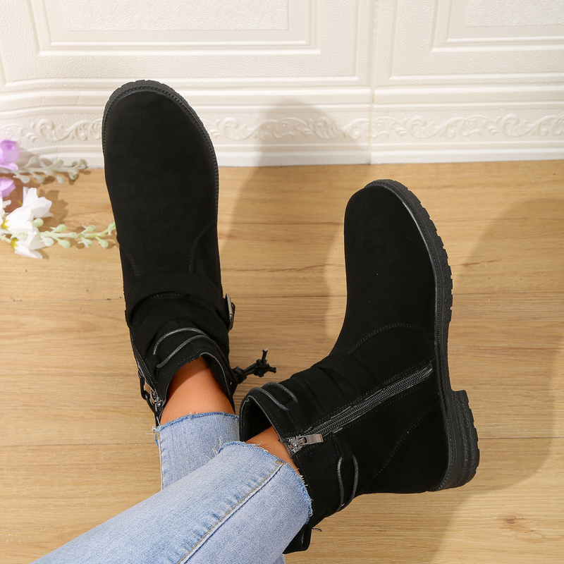 Short Booted Women's 2023 Autumn/winter New Round Head Martin Boots Side Zipper Belt Buckle Women's Boots_voghion.com