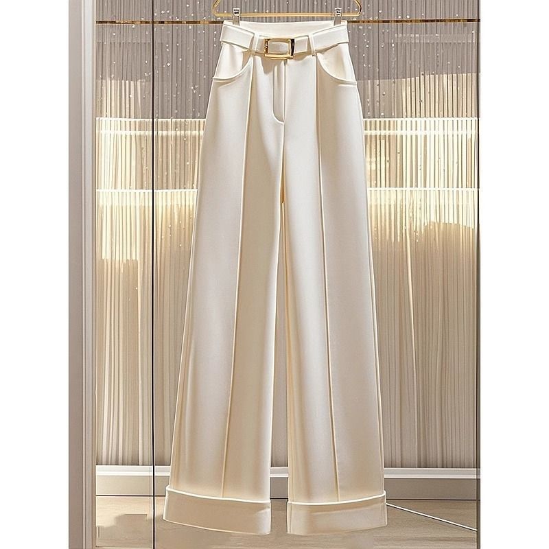 Effortless Office-to-Outing Set – Structured Champagne Blouse + Fluid Wide-Leg Trousers (S-3XL) – Minimalist Power Dressing_voghion.com