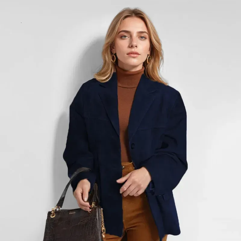 Veste en cuir suédé marron vintage pour femme, mode automne, simple boutonnage, revers, ample, pour le bureau_voghion.com