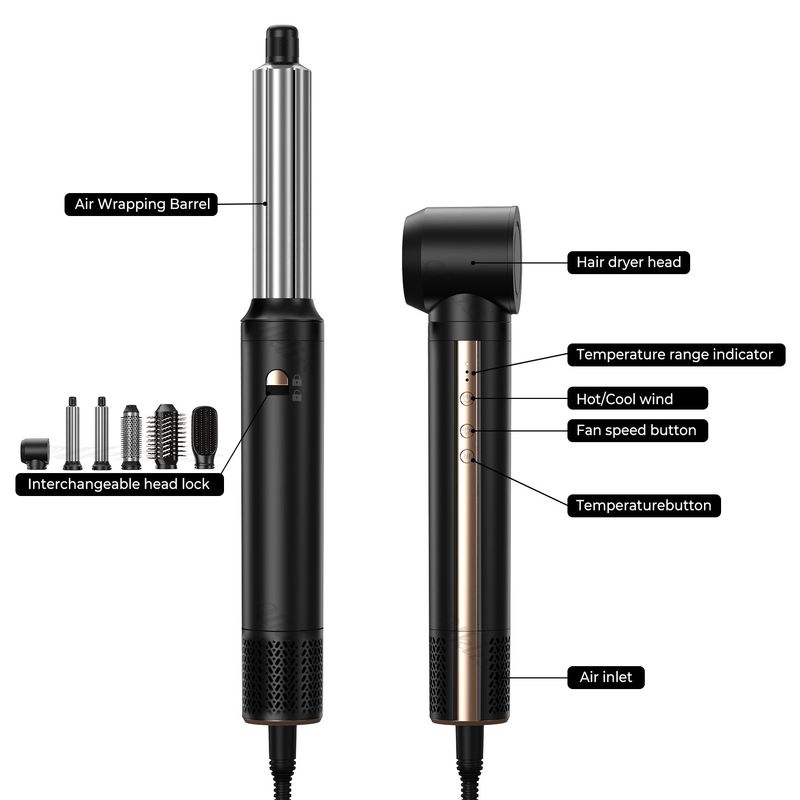 Asciugacapelli multifunzione 6 in 1 ad alta velocità Asciugacapelli multifunzione Capelli ricci lisci standard americani ed europei Pettine ad aria calda a doppio uso commercio estero_voghion.com