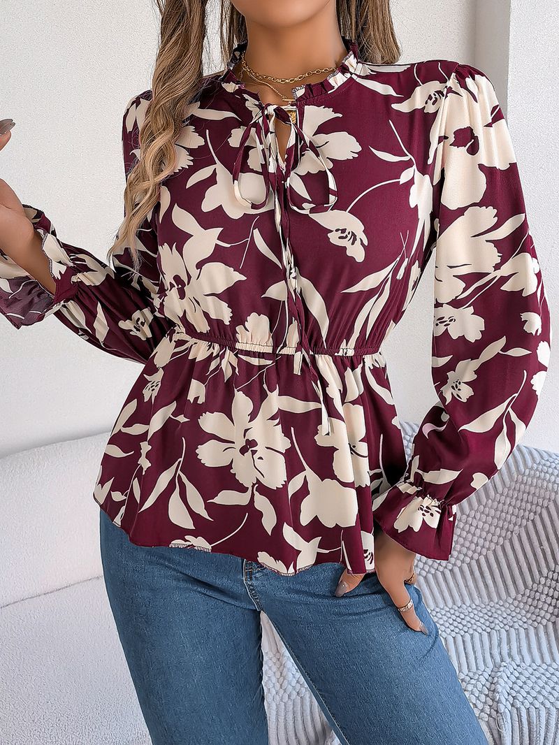 2025 herbst Winter Neue Casual Floral Lace-Up Langarm Chiffon Bluse frauen Mode_voghion.com