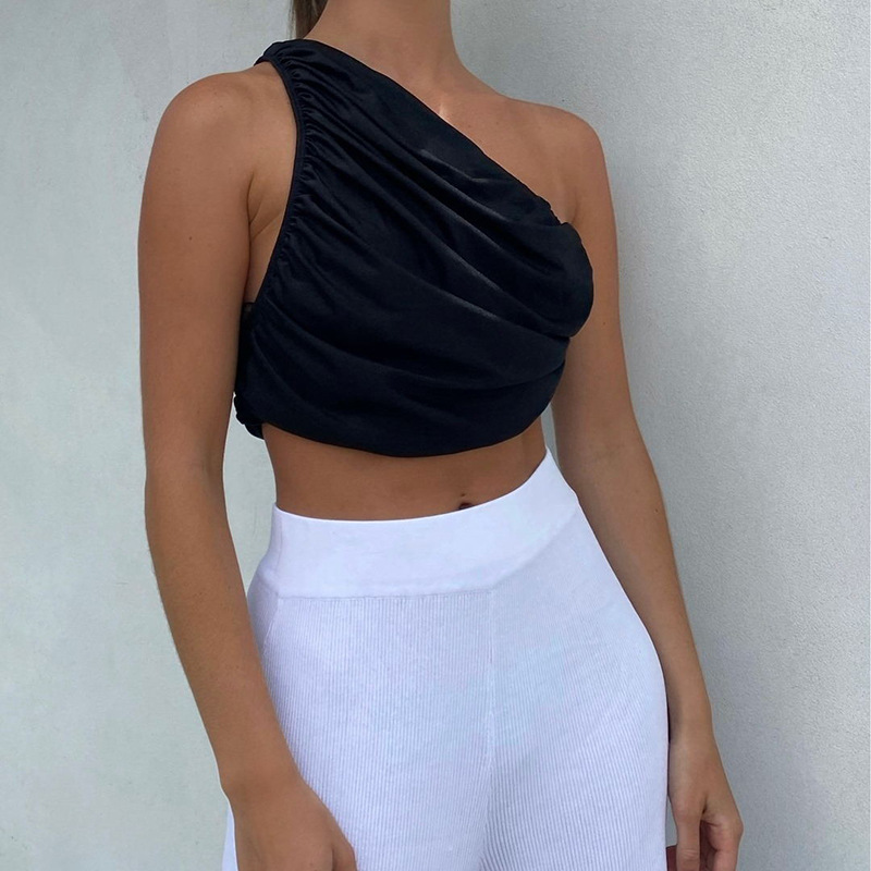 Corsetto monospalla plissettato sottile tinta unita da donna, sensibilità alla moda_voghion.com
