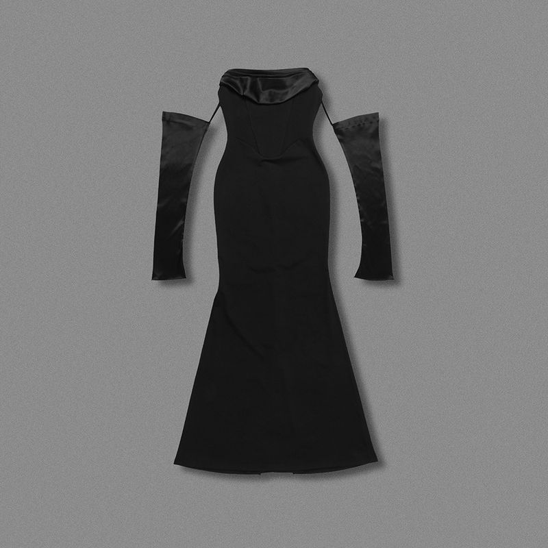 Elegante abito aderente a maniche lunghe con spalle scoperte - Abito da sera snellente elasticizzato bianco e nero per donna_voghion.com