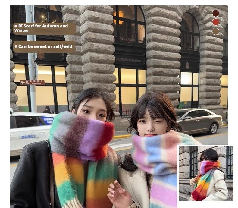 New Dopamine Striped Handmade Wool Ball Warm Scarf For Women In Winter, New Korean Version Thickened Cold Resistant Couple Scarf_voghion.com