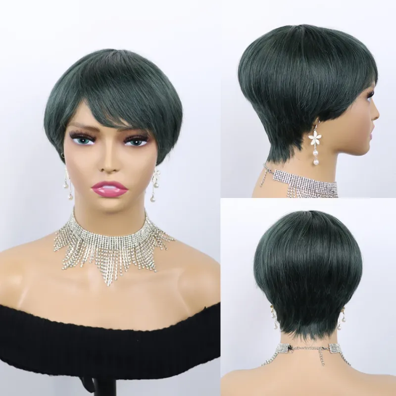 613 Blonde Pixie Cut Perukas Žmonių Plaukų Spalvoti Žalias Trumpas Bob Perukai su Kirpčiukais Pilna mašina Pagamintas Pigus Perukas be klijų juodoms moterims_voghion.com