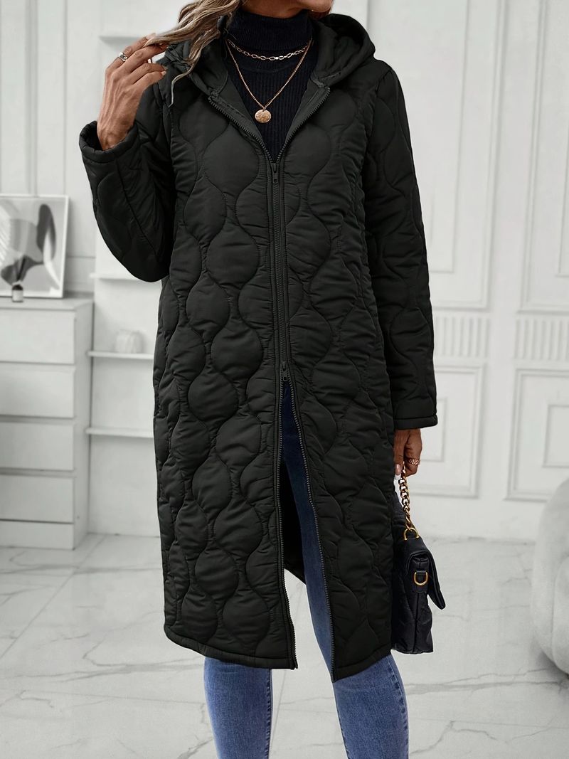 Giacca casual lunga da donna con cappuccio, imbottitura in cotone e poliestere, vestibilità ampia, cerniera frontale, tasche multiple - Nero, Cachi, Verde militare (S-XXL)_voghion.com