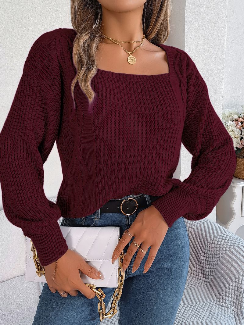 Maglione pullover casual in maglia a trecce con maniche a lanterna, scollo quadrato, tinta unita, autunno inverno 2024_voghion.com