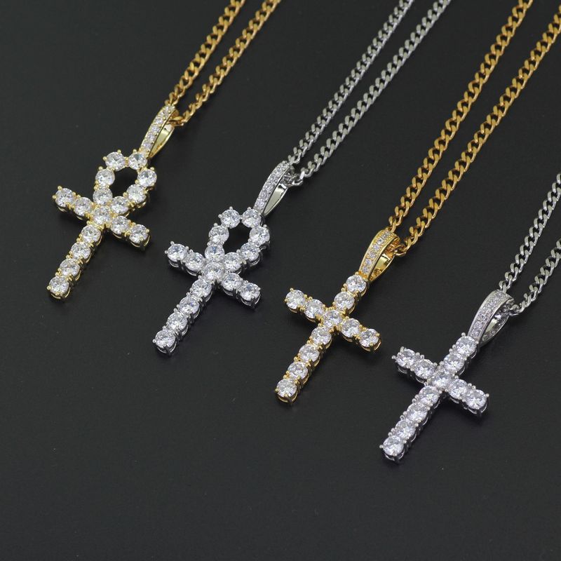 Collana da uomo con ciondolo a forma di croce egizia Ankh con micro pavé di zirconi e catena cubana da 4 mm in stile hip-hop_voghion.com