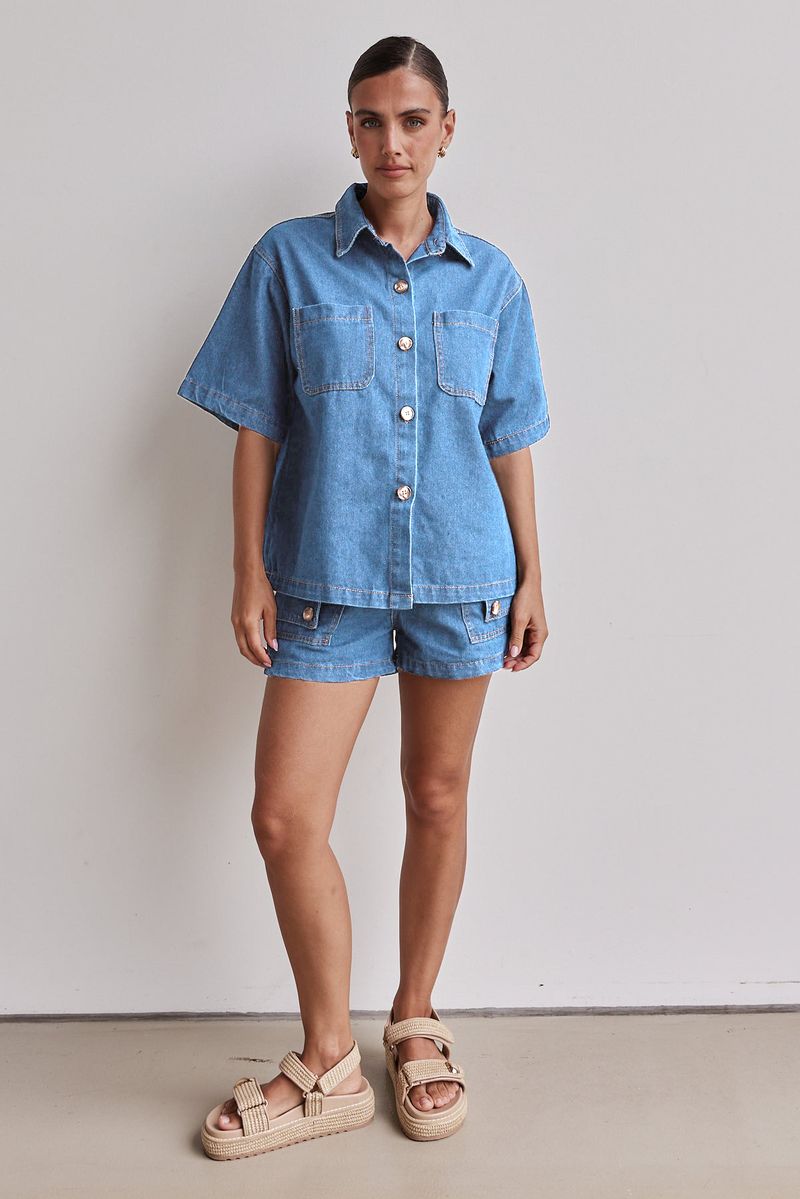 Roupas femininas verão feminino casual retro solto camisa jeans shorts conjunto_voghion.com