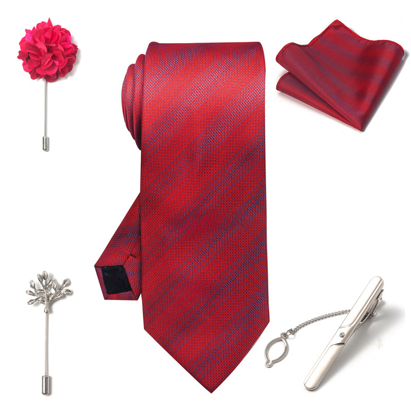 Set da uomo alla moda in tinta unita a righe con anacardi, confezione regalo da 6 pezzi, set con corsetto con fermacravatta e sciarpa quadrata_voghion.com