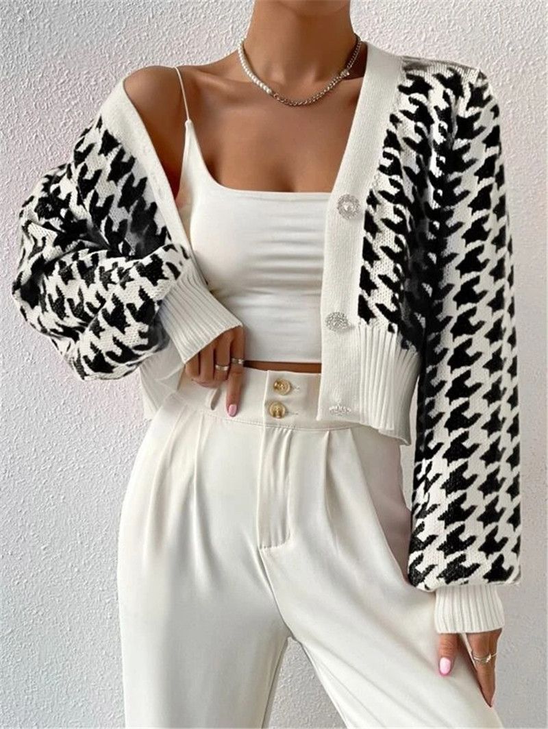 Dameskleding herfst en winter patroon lantaarn mouw gebreide cardigan trui korte jas_voghion.com