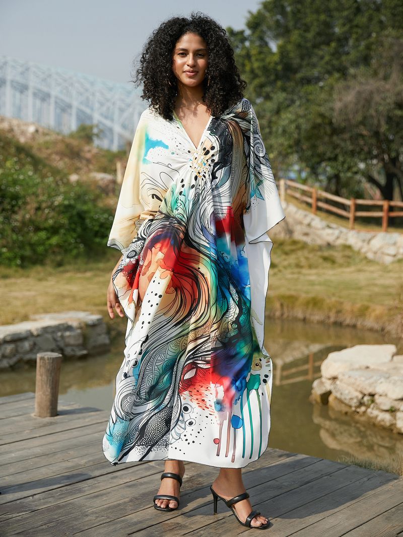 Beach Cover-Up Dress – Flowy Long Bikini Robe With Exotic Prints (Peacock/Abstract/Feather, One Size)_voghion.com
