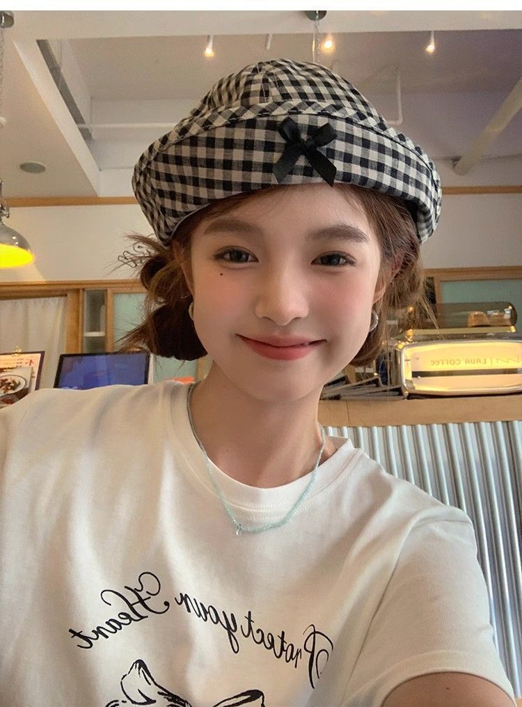 Süße Klappe Schleife Plaid Fisherman, Casual Damen Frühling und Sommer Dünne Modelle Vielseitig,_voghion.com