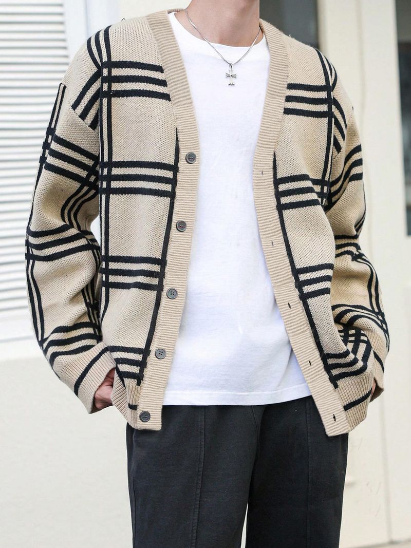 Cardigan da uomo in maglia scozzese oversize con scollo a V, manica lunga, casual, aperto sul davanti, per autunno inverno_voghion.com