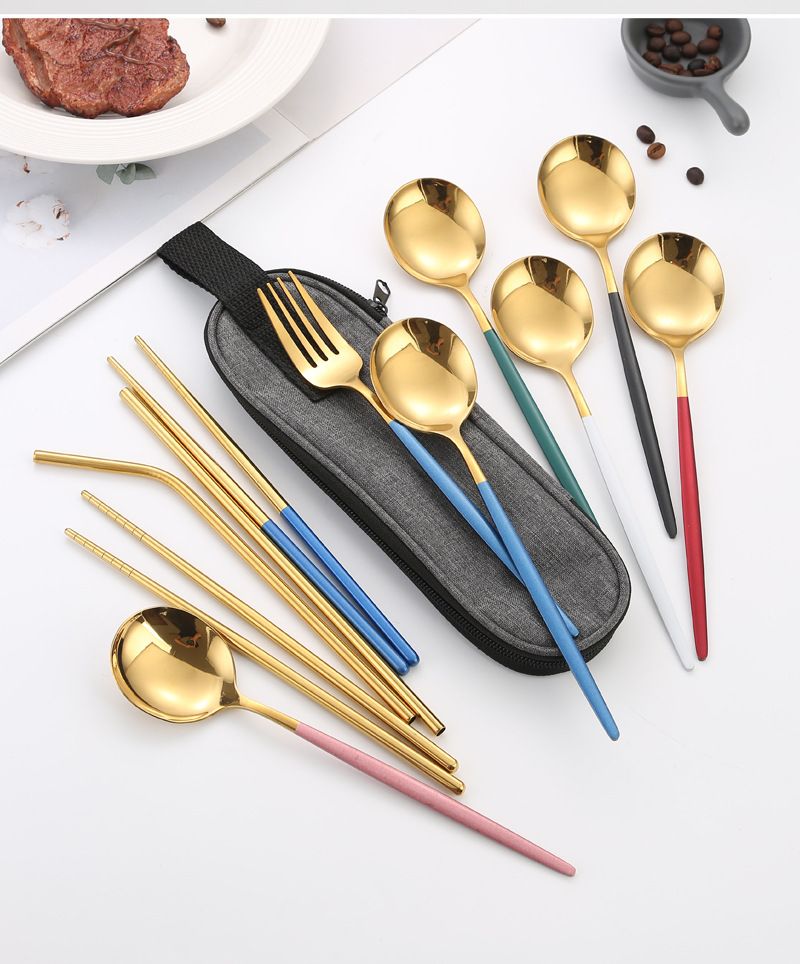 7-teiliges Reisebesteckset aus Edelstahl mit faltbarem Löffel, Gabel, Essstäbchen und Strohhalm – nordisch-minimalistisches Design für Camping, Büro und Geschenke_voghion.com