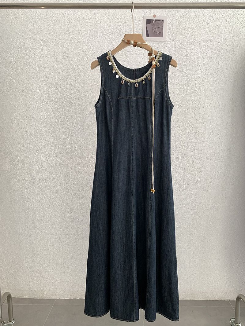 Abito in denim di media lunghezza con scollo rotondo, nappe, senza maniche, stile Omalei, estivo, da donna, 3086_voghion.com